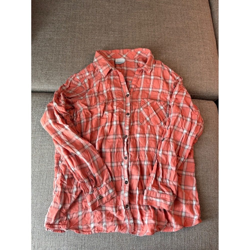 Columbia Womens Coral Pink Plaid Roll Tab Long Sleeve Button Down Shirt 2X